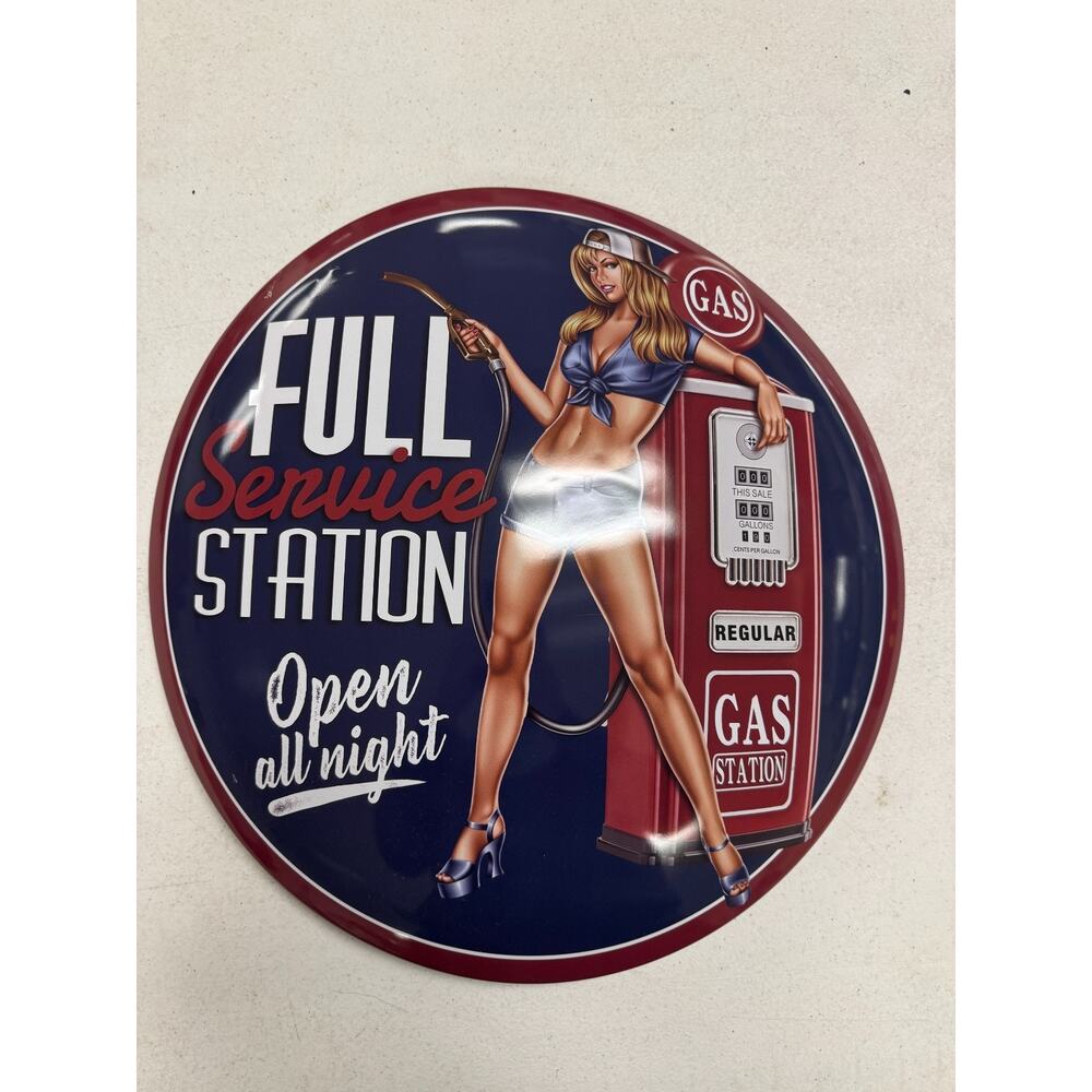 Domed Tin Metal Full Service Gas Station 17" Sign Garage Man Cave Den Automotive